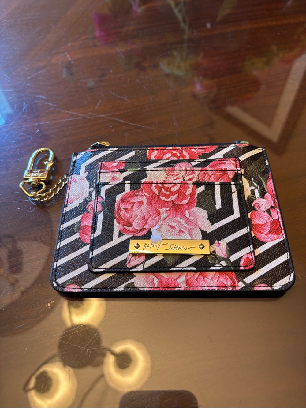 Betsey Johnson Black & Pink Floral Stripe Card Holder Wallet